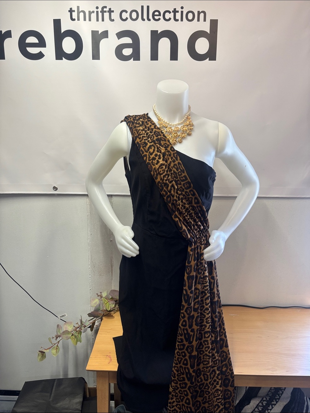 Rebel Love One-Shoulder Black Dress with Leopard Sash Accent